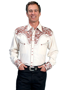 Scully Gunfighter Long Sleeve Snap Front Western Shirt - Cream with Copper Roses - Men's Retro Western Shirts | Spur Western Wear
