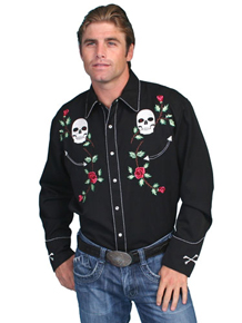 Scully Skulls And Roses Long Sleeve Snap Front Western Shirt - Black - Men's Retro Western Shirts | Spur Western Wear