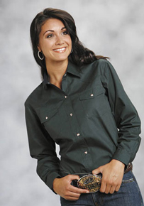 Roper Poplin Long Sleeve Snap Front Western Shirt - Green - Ladies' Western Shirts | Spur Western Wear