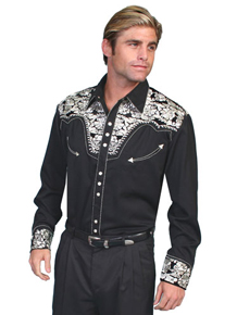 Scully Gunfighter Long Sleeve Snap Front Western Shirt - Black with Silver Roses - Men's Retro Western Shirts | Spur Western Wear