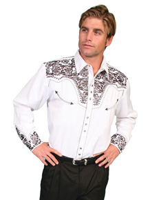 Scully Gunfighter Long Sleeve Snap Front Western Shirt - White with Pewter Roses - Men's Retro Western Shirts | Spur Western Wear