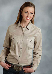 Roper Poplin Long Sleeve Snap Front Western Shirt - Tan - Ladies' Western Shirts | Spur Western Wear
