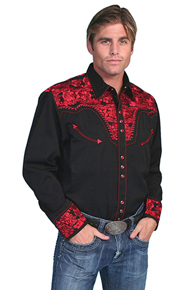 Scully Gunfighter Long Sleeve Snap Front Western Shirt - Black with Crimson Roses - Men's Retro Western Shirts | Spur Western Wear