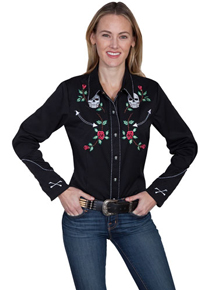 Scully Black With Skulls And Roses Long Sleeve Snap Front Western Shirt – Ladies