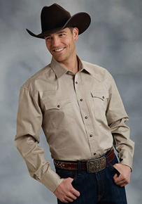 Roper Poplin Long Sleeve Snap Front Western Shirt - Tan - Tall - Men's Western Shirts | Spur Western Wear