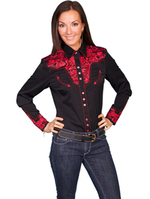 Scully Gunfighter Long Sleeve Snap Front Western Shirt - Black with Crimson Roses - Ladies' Retro Western Shirts | Spur Western Wear