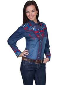 Scully Long Sleeve Snap Front Western Shirt - Denim with Floral Design - Ladies - Ladies' Retro Western Shirts | Spur Western Wear