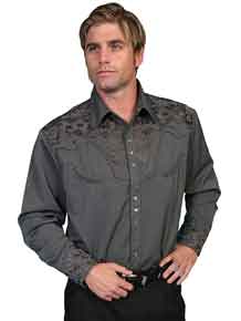 Scully Gunfighter Long Sleeve Snap Front Western Shirt - Charcoal with Charcoal Roses - Men's Retro Western Shirts | Spur Western Wear
