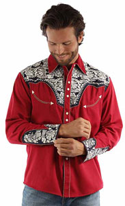 Scully Gunfighter Long Sleeve Snap Front Western Shirt - Red with White Roses - Men's Retro Western Shirts | Spur Western Wear