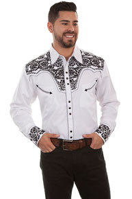 Scully Gunfighter Long Sleeve Snap Front Western Shirt - White with Black Roses - Men's Retro Western Shirts | Spur Western Wear