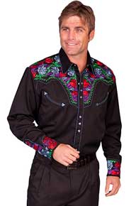 Scully Gunfighter Long Sleeve Snap Front Western Shirt - Black Multi color Rose Embroidery - Men's Retro Western Shirts | Spur Western Wear
