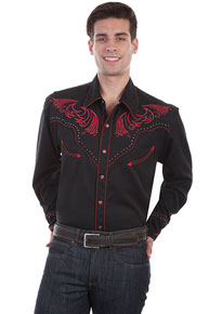 Scully Long Sleeve Snap Front Western Shirt - Black with Red Floral Scroll Design - Men's Retro Western Shirts | Spur Western Wear
