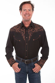 Scully Bucking Bull And Longhorn Embroidered Western Shirt - Black - Men's Retro Western Shirts | Spur Western Wear