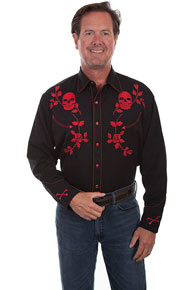 Scully Skulls And Roses Embroidered Western Shirt - Red - Men's Retro Western Shirts | Spur Western Wear