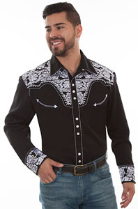 Scully Gunfighter Long Sleeve Snap Front Western Shirt - Black with White Roses - Men's Retro Western Shirts | Spur Western Wear