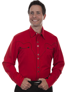 Scully Long Sleeve Snap Front  Western Shirt - RED With Black Stitch Piping  - Men's Retro Western Shirts | Spur Western Wear
