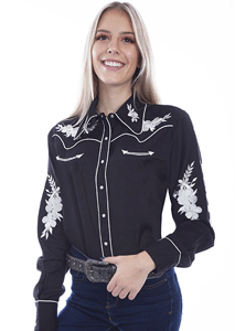 Scul Floral Embroidered Western Shirt - Black - Ladies' Retro Western Shirts | Spur Western Wear