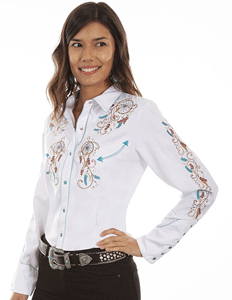 Scully  Floral Embroidered Western Shirt - White - Ladies' Retro Western Shirts | Spur Western Wear