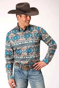 Roper Khaki Aztec Long-Sleeve Snap Front Western Shirt    - Men's Western Shirts | Spur Western Wear