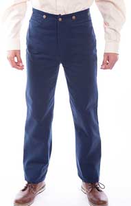 Description: Durable 100% cotton canvas pant worn by both men and women. These pants are designed to emulate the style and fit of how these pants were actually worn in the 1800's.. Back then, the pants had a very high rise in the front and back. the original design was a spin off to the waist overalls miners wore.. By removing the upper part of the overall & making a pant that could be worn with or without suspenders, made the pant more versatile.. However the rise on these first "jeans" were still very high. this high rise was practical for the cowboy as well.. As it also allowed him to have access to his/her pant pockets while astraddle a horse. the waistband will fit higher above the waist than another jean. We suggest to purchase a size higher than what one would usually purchase because of the high rise.. Import - machine wash cold, tumble dry low or dry clean..