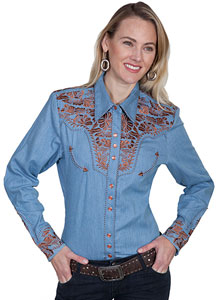 Scully Gunfighter Long Sleeve Snap Front Western Shirt - Blue with Copper  Roses - Ladies - Ladies' Retro Western Shirts