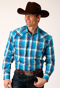 This Roper Plaid Men's Long Sleeve Western  Shirt In Tall Sizes Features A Aqua and Blue Ombre Plaid Yarn Dyed Fabric with a Spread Collar. One Point Front And a Keystone Back Yoke. Snap Front. Two Flap Snap Pockets.   Snap Cuffs.  Regular sizes available-05-01-01-778-7028BU