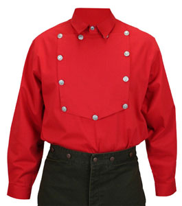 This Shirt's Old Time Look Is Appreciated By Both Men and Women. This True Bib Shirt, a style popularized in the early 1800s, is a pull-over version features a large, removable and reversible front bib with antiqued silver cast metal buttons.  Made from a blend of 50% cotton and 50% polyester. Imported. Machine wash in warm on gentle cycle.  ​ Unsurpassed! The Classic "John Wayne" Shirt!