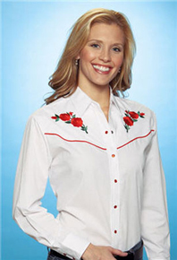 Ely Cattleman Long Sleeve Snap Front Western Shirt - White With Red Roses - Ladies' - Retro Western Shirts | Spur Western Wear