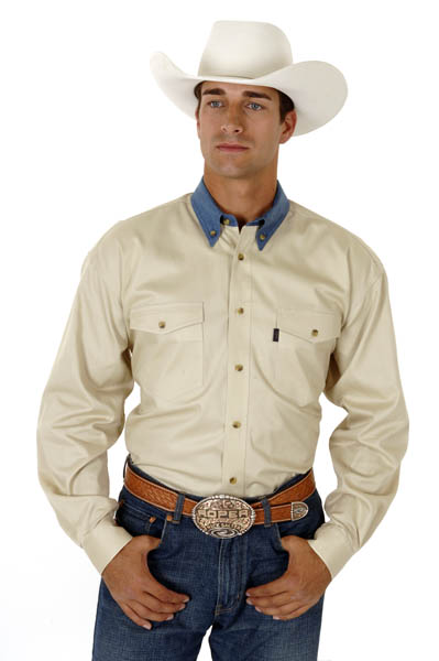 Roper Contrast Collar Long Sleeve Western Shirt - Khaki - Men's Western ...