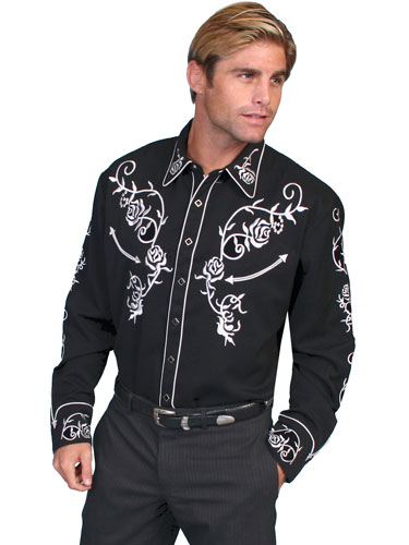 Scully Ponderosa Long Sleeve Snap Front Western Shirt - Black with White Roses - Men's Retro Western Shirts | Spur Western Wear