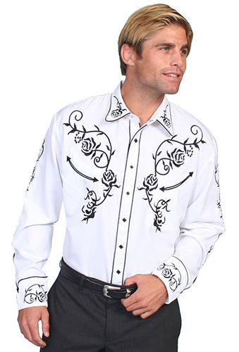 Scully Ponderosa Long Sleeve Snap Front Western Shirt - White with Black Roses - Men's Retro Western Shirts | Spur Western Wear