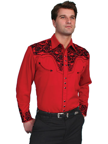 Scully Gunfighter Long Sleeve Snap Front Western Shirt - Red With Black Roses - Men's Retro Western Shirts | Spur Western Wear