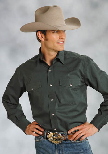 Roper Poplin Long Sleeve Snap Front Western Shirt - Green - Men's Western Shirts | Spur Western Wear