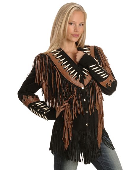 Liberty Leather Ladies Black with Rust Suede Fringe Leather Jacket
