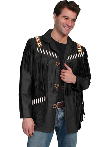 Scully Bone Bead Trim Fringe Leather Coat - Black - Men's Leather Western Vests and Jackets | Spur Western Wear