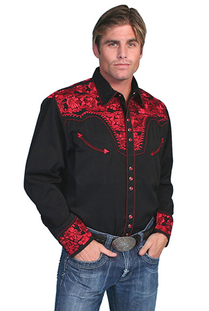Scully Gunfighter Long Sleeve Snap Front Western Shirt - Black with Crimson Roses - Men's Retro Western Shirts | Spur Western Wear