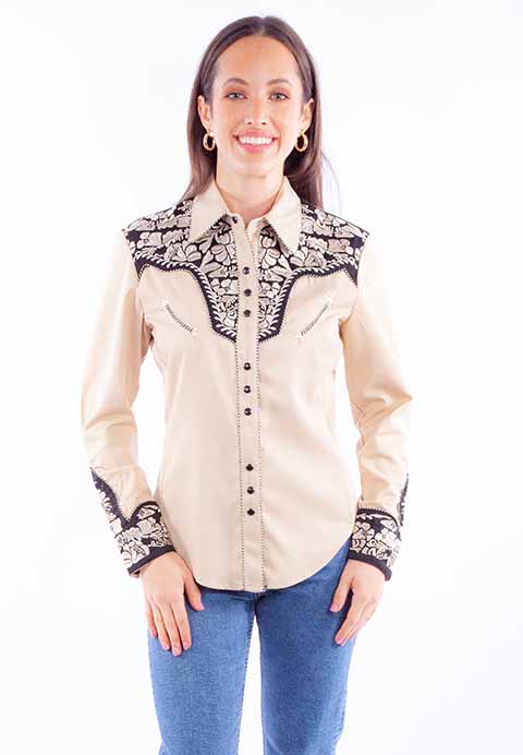 This Scully Vintage Shirt In Tan Features Black Floral Embroidery, Piping, Smile Pockets And Pearl Snaps. It Is Just The Right Touch Of The Old West For Every Cowgirl's Wardrobe. Machine Wash Cold. Hang Dry.