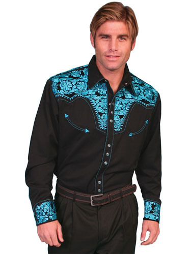 Scully Gunfighter Long Sleeve Snap Front Western Shirt - Black with Turquoise Roses - Men's Retro Western Shirts | Spur Western Wear
