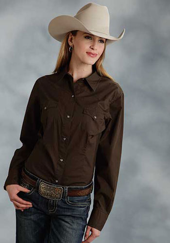 Roper Poplin Long Sleeve Snap Front Western Shirt - Brown - Ladies' Western Shirts | Spur Western Wear