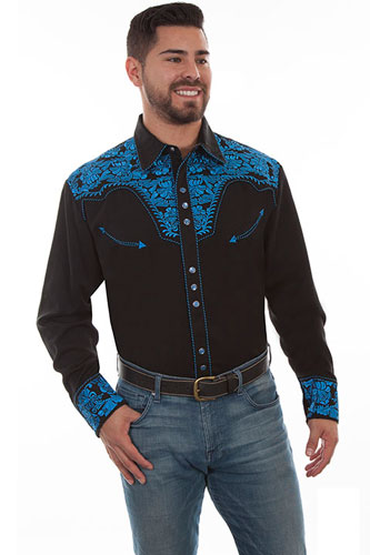 Scully Gunfighter Long Sleeve Snap Front Western Shirt - Black with Royal Roses - Men's Retro Western Shirts | Spur Western Wear