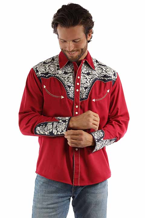 Scully Gunfighter Long Sleeve Snap Front Western Shirt - Red with White Roses - Men's Retro Western Shirts | Spur Western Wear