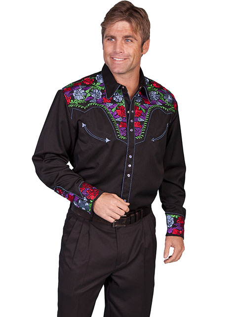 Scully Gunfighter Long Sleeve Snap Front Western Shirt - Black Multi color Rose Embroidery - Men's Retro Western Shirts | Spur Western Wear