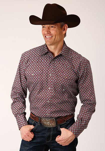 Roper Geo Print Long-Sleeve Snap Front Western Shirt - Wine ,Mens Amerillo Collection--Ruby Falls, Men's Western Shirts | Spur Western Wear