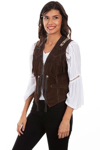 Scully Bead Trimmed Suede Leather Vest - Expresso - Ladies Leather Vests And Jackets | Spur Western Wear