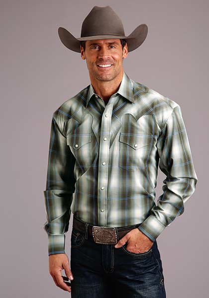 Stetson  Ombre Plaid Long Sleeve Snap Front Western Shirt - Green- Men's Western Shirts | Spur Western Wear
