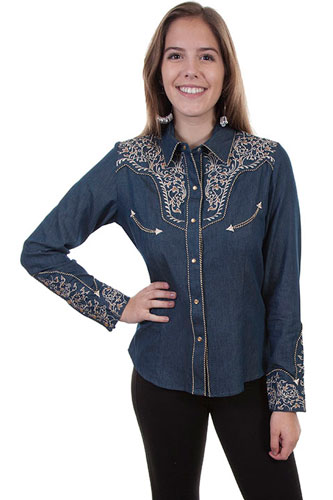 Scully Long Sleeve Snap Front Western Shirt - Denim with Scroll Design - Ladies' Retro Western Shirts | Spur Western Wear