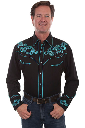 Scully Long Sleeve Snap Front Western Shirt - Black with Turquoise Scroll Design - Men's Retro Western Shirts | Spur Western Wear