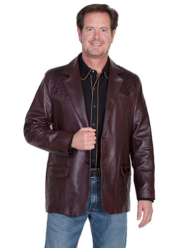 Scully Leather Western Blazer with Ostrich Trim - Black Cherry - Men's Leather Western Vests and Jackets | Spur Western Wear