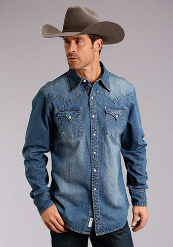 Stetson Long Sleeve Denim Western Shirt With Embroidery - Blue - Men's Western Shirts | Spur Western Wear