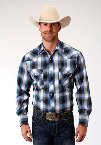 Roper Plaid Long Sleeve Snap Front Western Shirt - Blue, Navy & Olive - Men's Western Shirts | Spur Western Wear
